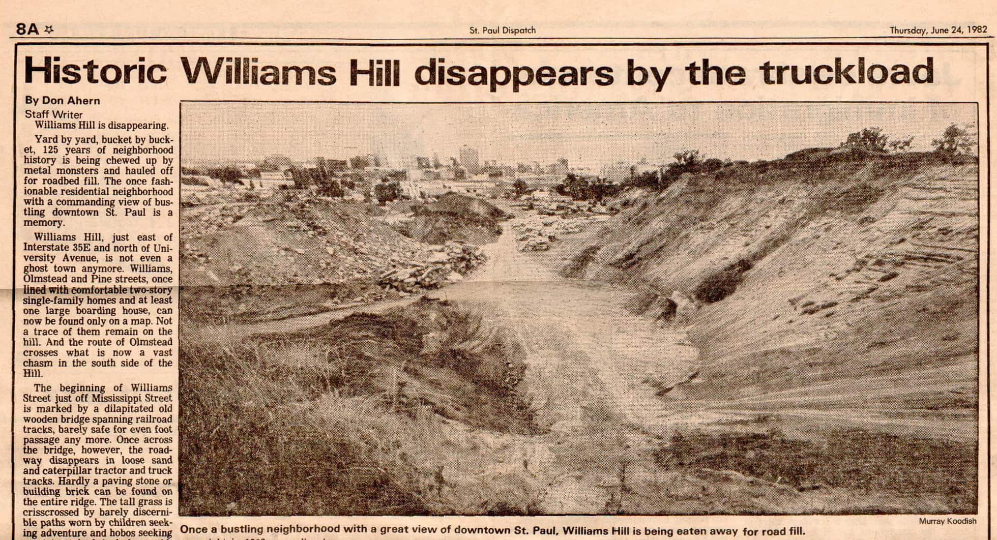 This article in the June 24, 1982 Saint Paul Dispatch reported on the final demise and history of Williams Hill. Courtesy Gary Horn