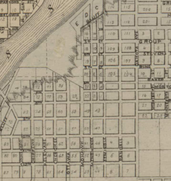 The 1874 A.T.Andreas map of what's known today as the Cherokee Park neighborhood. Eight north-south streets had Native names in 1874. Three of the names, Winnebago, Mohawk and 'Minnominee' were changed before 1900.