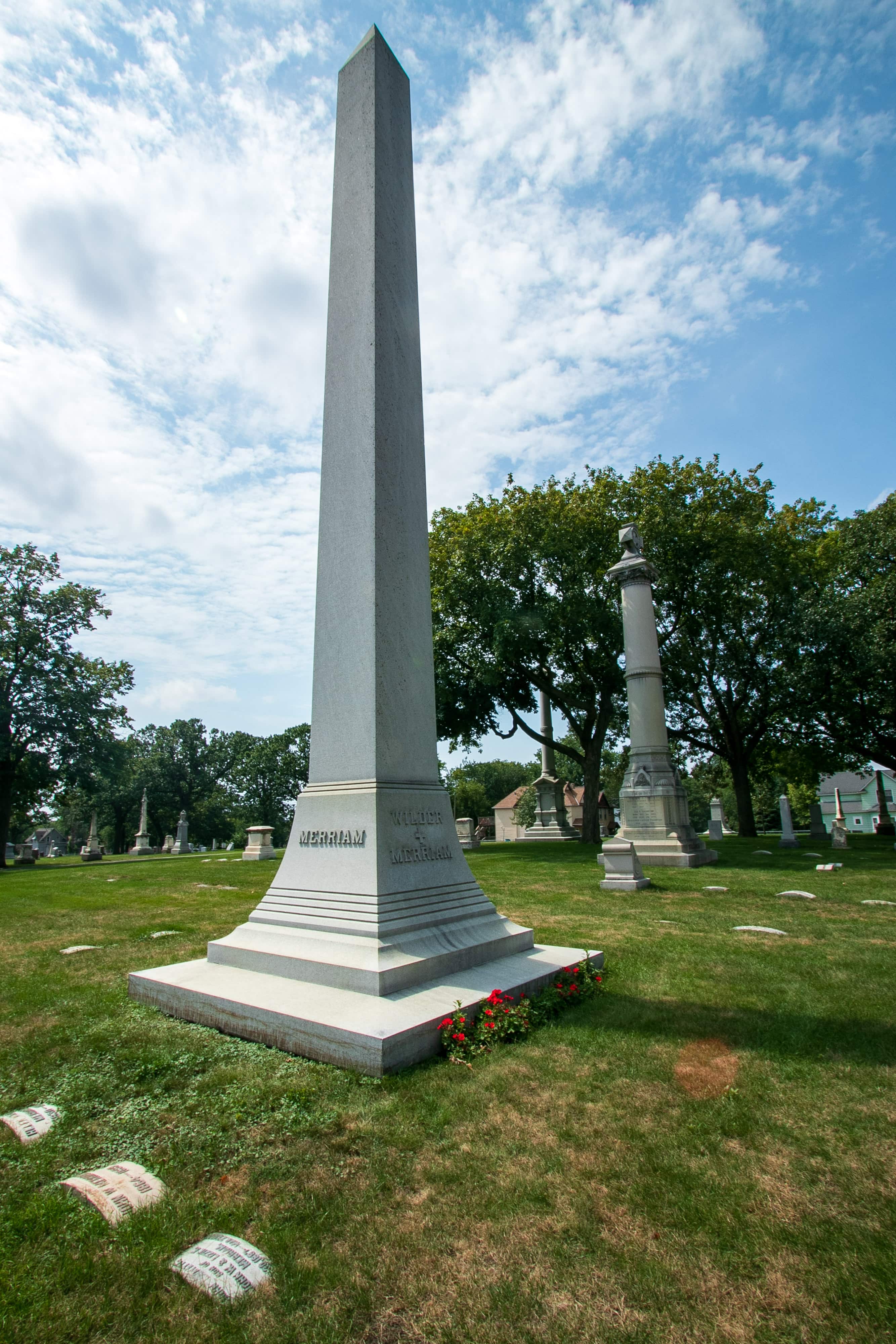 The Amherst Wilder family monument, an obelisk that rises above most other markers.